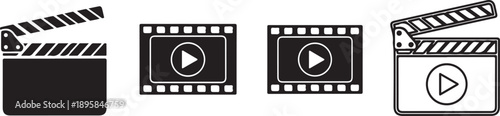 Four black and white film clapboard icons with play buttons