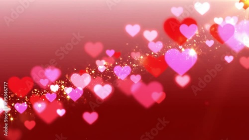 Red, pink, white hearts with golden sparkles on gradient background. Ideal for valentines day designs, romantic themes, and celebrations.