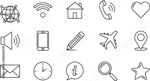 Communication technology line icons set, mobile network internet navigation media interface symbols, modern outline vector illustration collection for web and app design