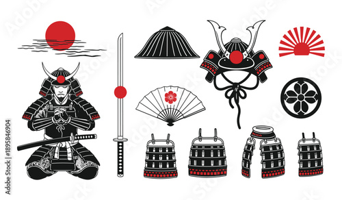 Japanese Samurai Warrior Armor Helmet Sword Fan Sun Symbols Collection vector illustration