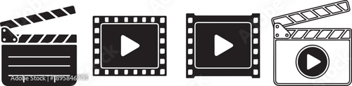 Film movie production icons with play buttons on white background