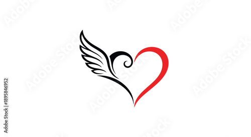 Minimalist black and red heart logo design featuring a single elegant wing representing freedom, love, and spiritual concepts.