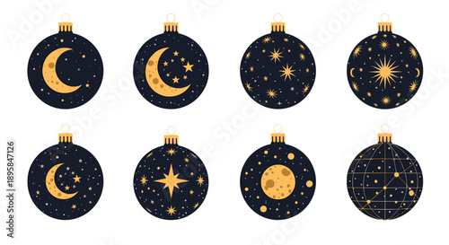 Set of elegant dark blue Christmas ball ornaments decorated with golden moon, stars, and celestial patterns for holiday decor.