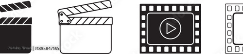Film clapper boards and movie play icon