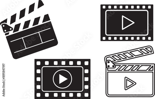 Film clapper boards and movie play buttons icons