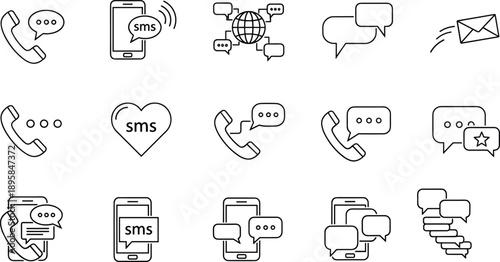 communication, messaging, chat, sms, phone, mobile, conversation, contact, support, network, social, online, digital, notification, bubble, email, customer, service, vector, outline, icons, set