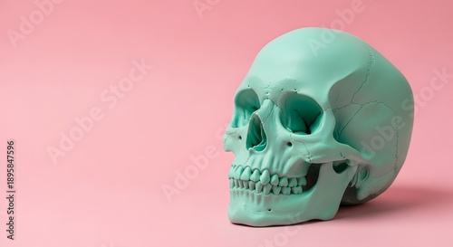 Pastel Mint Green Skull on Pink Background, Minimalist Pastel Goth Decor, Edgy Soft Color Block
