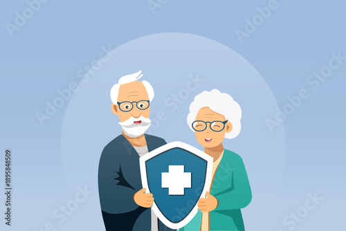 Senior couple with medical insurance shield for health, life and accident protection. Medical and healthcare insurance planning for elderly wellbeing, healthy aging concept. Vector.
