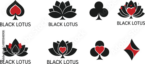 Black lotus logo set combined with red playing card suit symbols in modern minimalist vector style on white background for branding