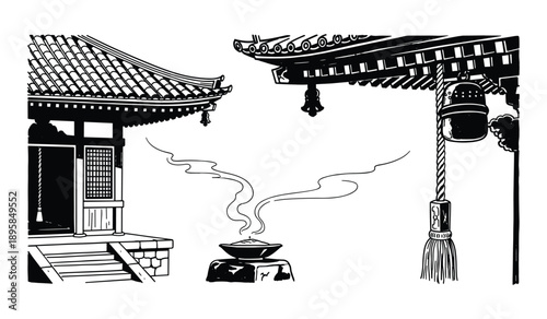 Japanese Temple Architecture Bell and Incense Burner with Smoke Wisps Keywords: Japanese, temple, architecture, building, roof, eaves, bell, incense, burner, smoke, wisps, traditional, culture