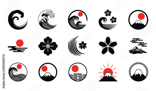 Japanese themed icons with waves, sun, mountains, flowers, and clouds on white background Keywords: wave, sun, mountain, flower, cloud, Japan, Japanese style, icon, symbol, graphic, design