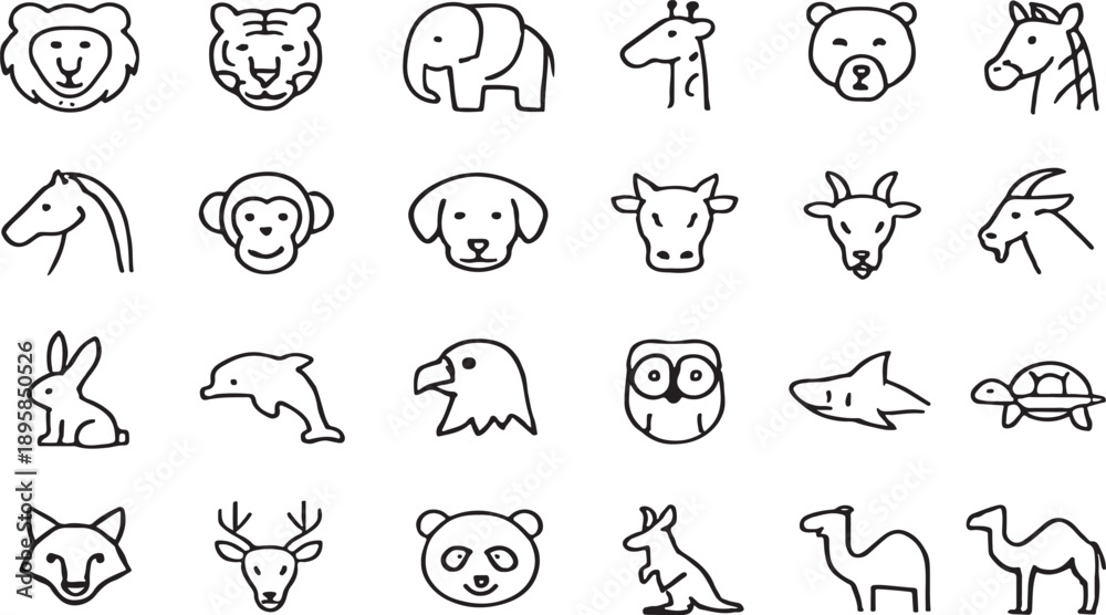 Obraz premium Animal Outline Icon Set – Minimal Line Art Wildlife Vector Collection, Black Stroke Pictogram Pack