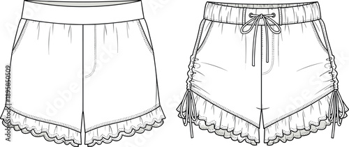 Vector Technical Sketch of Women's Ruffled Hem Shorts with Drawstring and Elastic Waistband Fashion Flat Template