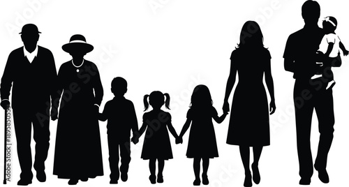 Family generation silhouette collection, grandparents parents children walking together, love care support lifestyle people illustration isolated black design concept bundle