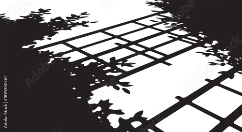 Black and white grid pattern with leafy vine details