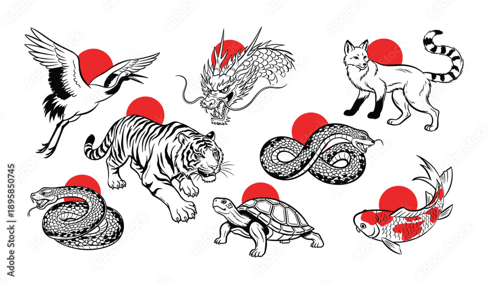 Fototapeta premium Japanese Zodiac Animals Dragon Tiger Crane Fox Snake Turtle Koi Fish vector illustration