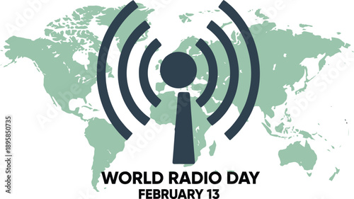 Radio Broadcasting Symbol on World Map for World Radio Day
