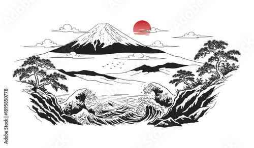 Majestic Japanese Landscape with Mount Fuji Crashing Waves and Pine Trees japan japanese landscape mount fuji volcano ocean waves sea coast pine trees bonsai tree clouds sky birds illustration art