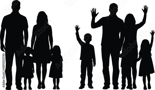 Family silhouette set parents children waving standing group, happy people collection men women kids black vector illustration isolated design bundle