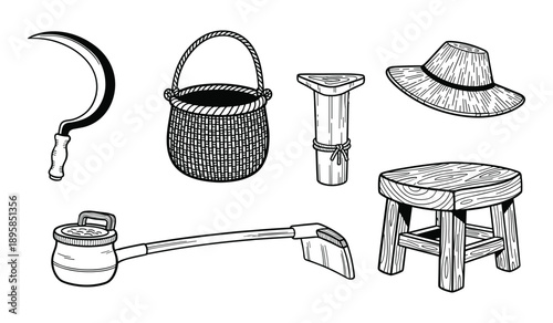 Vintage Farming Tools and Rustic Furniture Sickle Basket Wooden Stool and Hoe