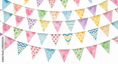 Multiple rows of watercolor pennant banners display varied pastel patterns against a clean background.