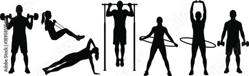 Fitness workout silhouettes collection, men and women training gym exercises, strength cardio stretching hula hoop pull up push up healthy lifestyle vector set illustration