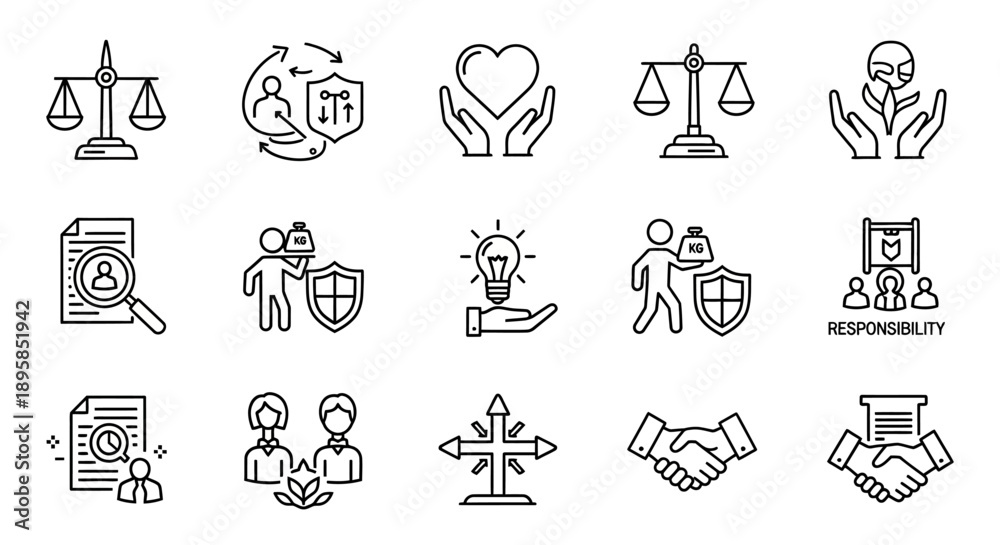 Fototapeta premium Corporate Ethics and Social Responsibility Line Icons Set on Isolated White Background