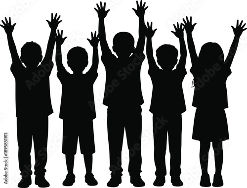 Happy children silhouette raising hands together, teamwork success celebration, school kids group unity, education concept, joyful childhood freedom illustration