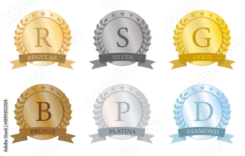高級感のある金銀銅プラチナダイヤの円形メダルとリボン付き会員ランクバッジセット（グラデーション・光沢）