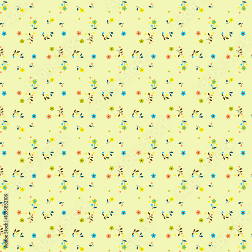 Rustic pattern with bright, small wildflowers Light creamy yellow background Printed on fabric for sewing Textile design Gift wrapping