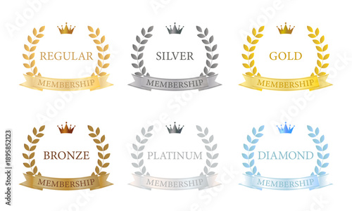 王冠と月桂冠をあしらったラグジュアリーな会員ランクエンブレム6種セット（ゴールド・シルバー・ブロンズほか）