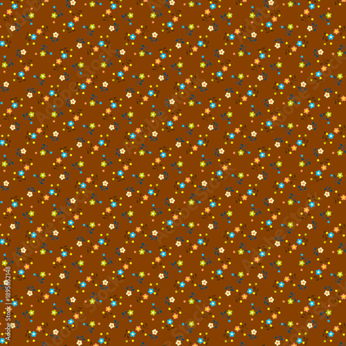 Country style floral pattern Simple small flowers, leaves Brown background Print on fabric for sewing Textile design Gift wrapping
