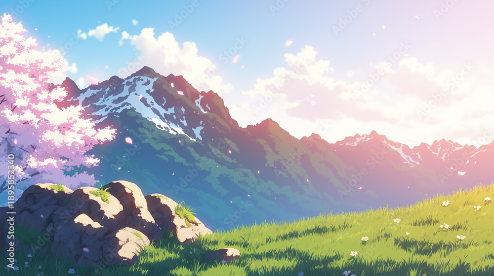 Fototapeta premium Embrace the Beauty of Nature: A Stunning Landscape of Blossoming Trees, Majestic Mountains, and Tranquil Meadows Under a Serene Sky