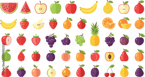 Colorful Fruit Icon Vector Set with Fresh Apples, Bananas, Berries, Citrus, and Tropical Fruits for Food Packaging, Nutrition, and Healthy Design Projects