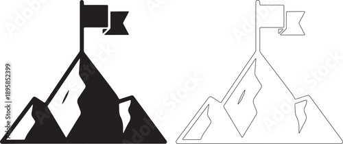 Goal achievement mountain peak with flag icon set. Black filled and outline vector symbol. isolated PNG with Transparent Background