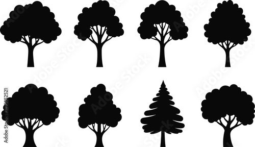 Black tree silhouette icon set featuring deciduous and pine trees, flat nature vector collection for landscape and design projects