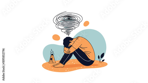 Sad and depressed man sits on the floor with his head down as a swirling dark cloud represents mental health struggles.