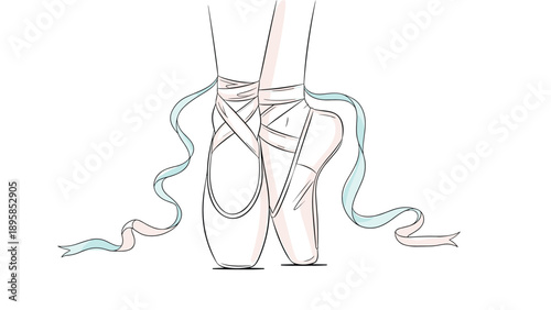 Beautiful line drawing of ballet pointe shoes with flowing ribbons captures the grace and beauty of classical dance art.
