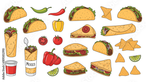 Collection of Mexican food illustrations includes tacos, burritos, peppers, and nachos for menu and restaurant design.
