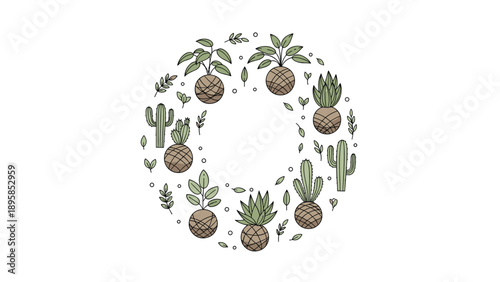 Circular arrangement of kokedama moss balls and various cactus plants creates a beautiful botanical wreath design.