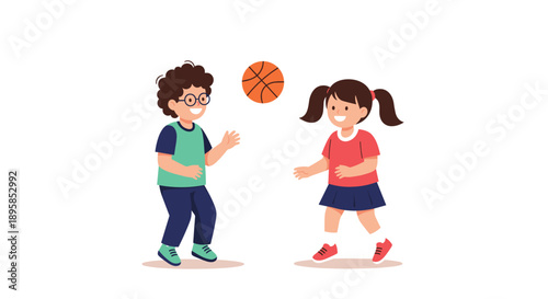 Happy young boy and girl are having fun playing with a basketball together outdoors as friends during physical education.