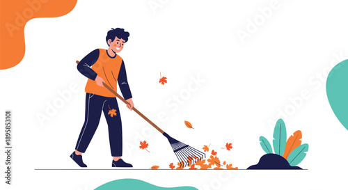Young boy helps with yard work by smiling and raking a pile of colorful falling autumn leaves into a pile outdoors.