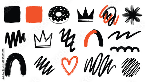 Selection of hand-drawn doodle elements like crowns, hearts, and squiggles in black and red ink offer creative flair.