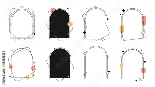 Large collection of modern arched frames and geometric shapes with celestial stars and circles for elegant branding.