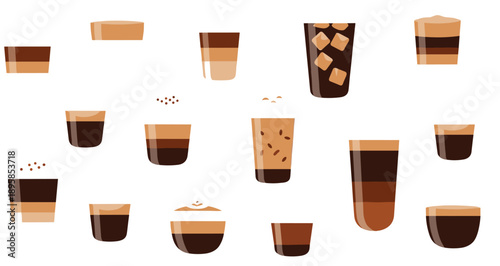 Flat Coffee And Iced Beverage Icon Set With Espresso Latte Cappuccino And Layered Drinks In Minimal Modern Illustration Style Isolated On White Background