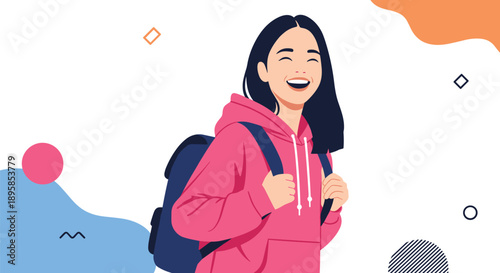 A cheerful and happy young female student wearing a pink hoodie and a backpack laughing against a colorful abstract background.