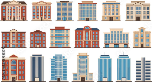 City Building Facade Vector Set with Residential and Office Architecture Exteriors for Urban Planning, Real Estate, and Cityscape Design Projects