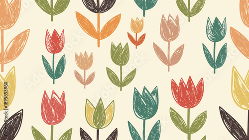 Seamless pattern of hand drawn colorful tulips in shades of red, green, and orange on a light cream background for floral textile design.