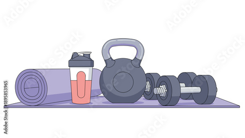 Fitness equipment collection featuring a rolled purple yoga mat, protein shaker bottle, heavy kettlebell, and iron dumbbells on a gym floor.