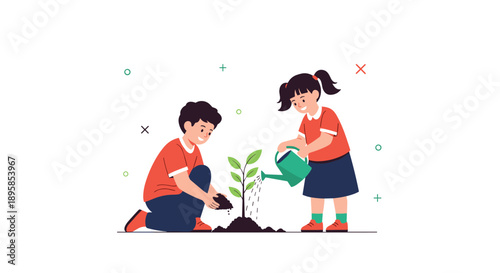 A young boy and girl working together to plant a small tree with the boy adding soil and the girl watering the new sapling.